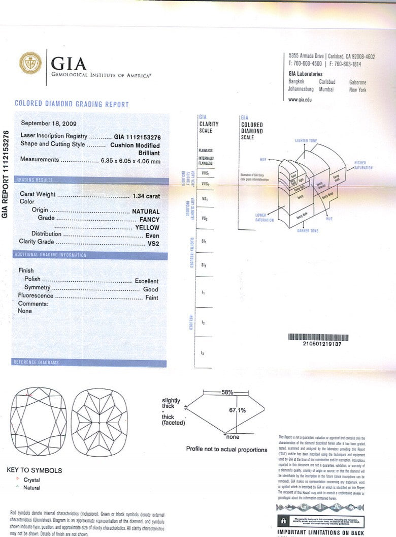 Cushion Cut Diamond 1.34ct Fancy Yellow VS2