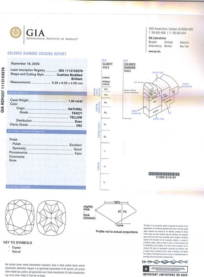 Cushion Cut Diamond 1.34ct Fancy Yellow VS2