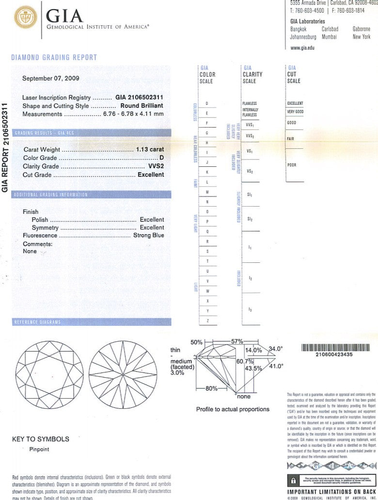 Round Brilliant Cut Diamond 1.13ct D VVS2