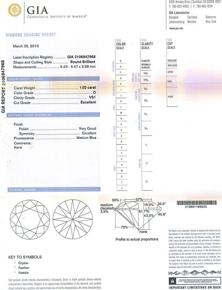 Round Brilliant Cut Diamond 1.02ct D VS1