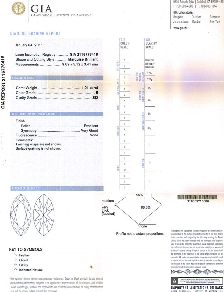 Marquise Cut Diamond 1.01ct E SI2