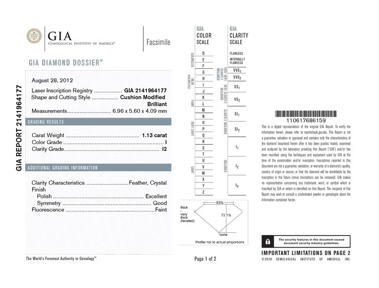 Cushion Cut Diamond 1.13ct - I I2