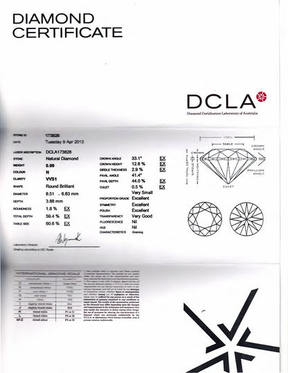 Round Brilliant Cut Diamond 0.99ct N VVS1