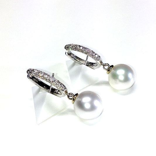 18ct white gold South Sea pearl and diamond hoop earrings