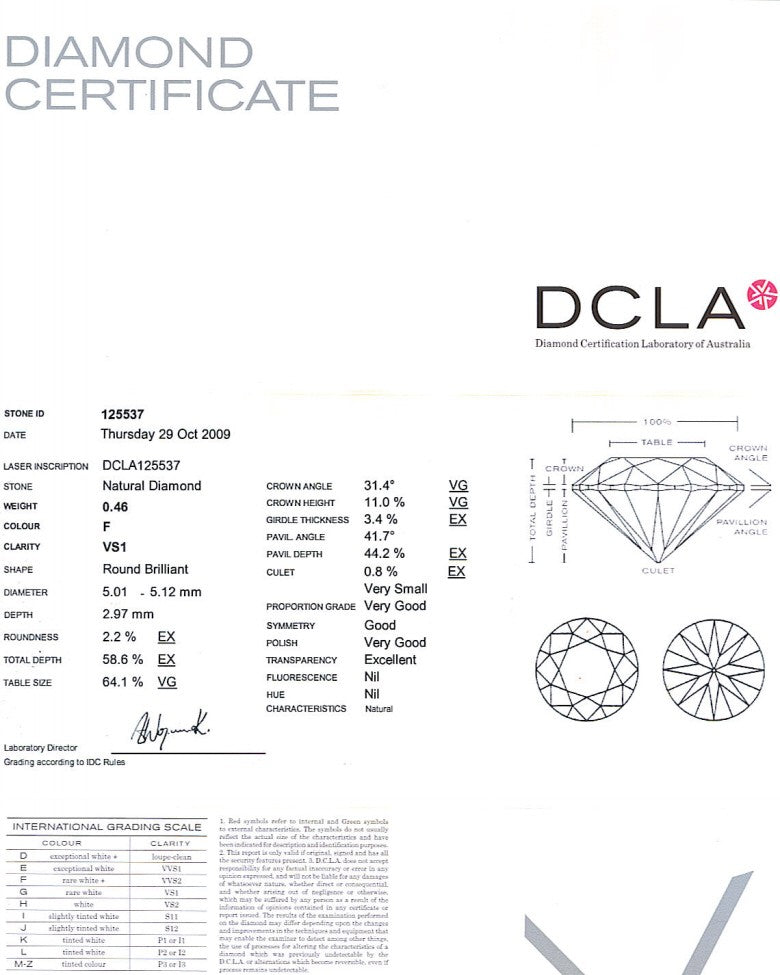 Round Brilliant Cut Diamond 0.46ct F VS1