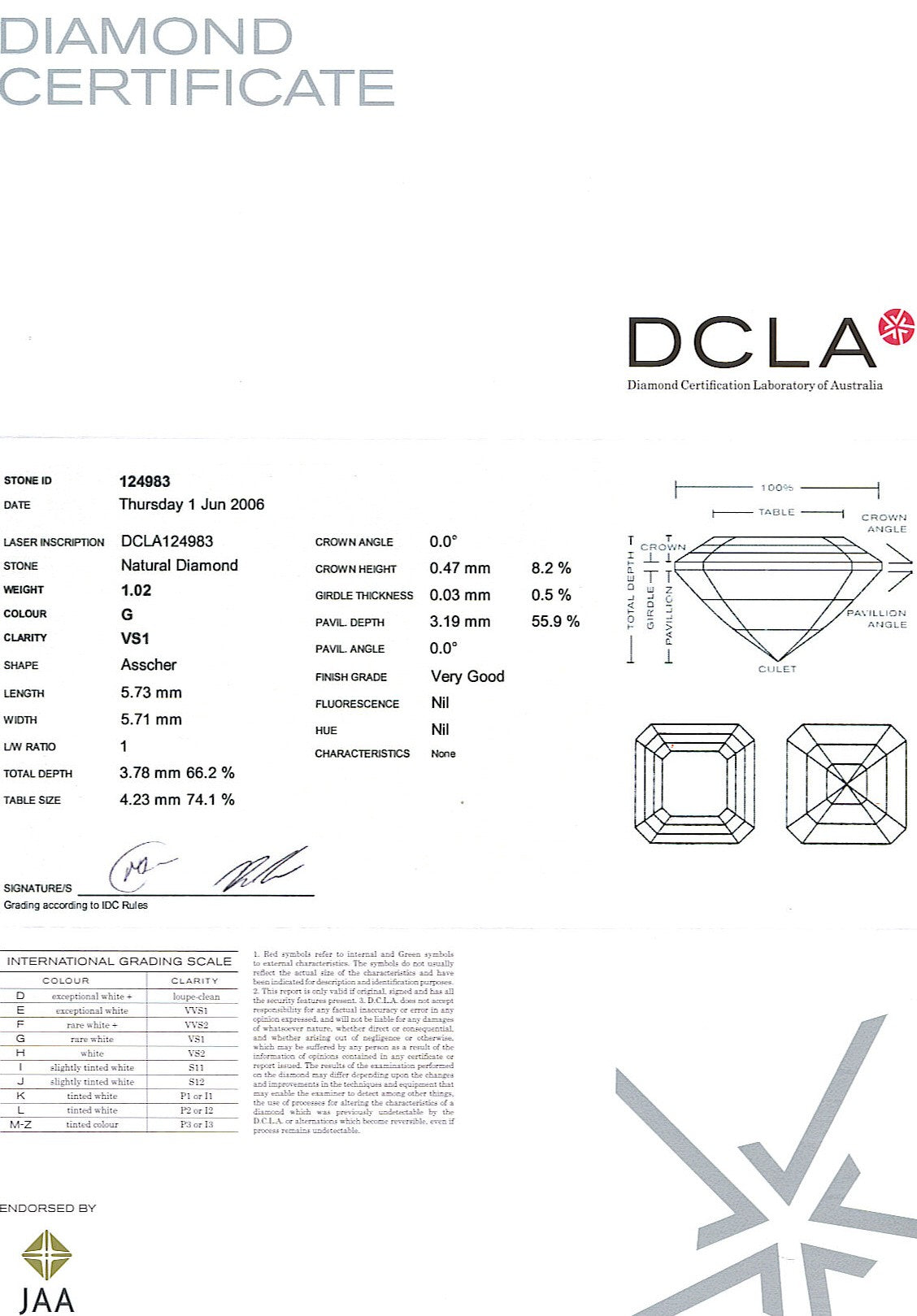 Asscher Cut Diamond 1.02ct G VS1 - A119