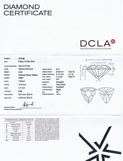 Intense Fancy Yellow Trilliant Cut Diamond 0.19ct VVS1