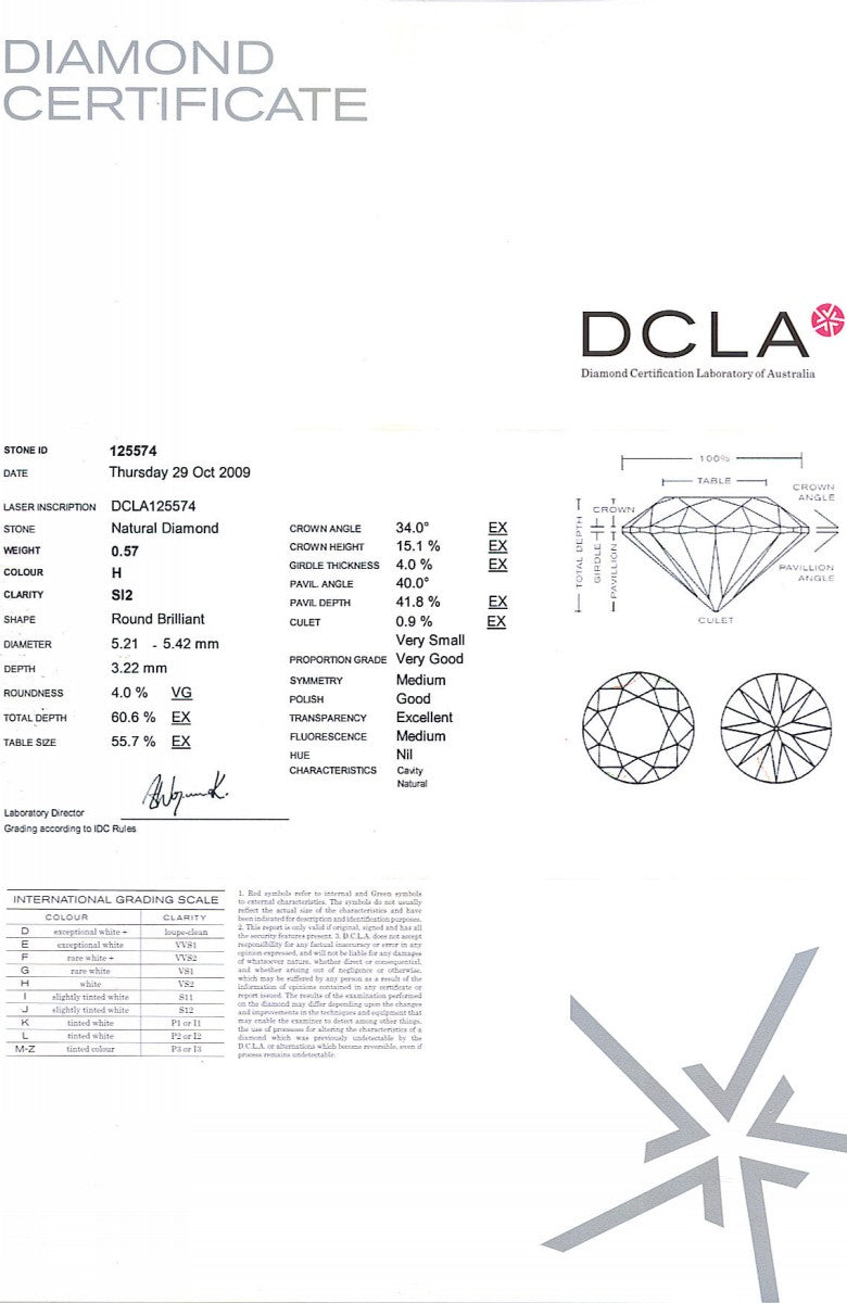 Round Brilliant Cut Diamond 0.57ct H SI2