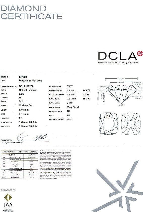 Cushion Cut Diamond 0.86ct G SI2