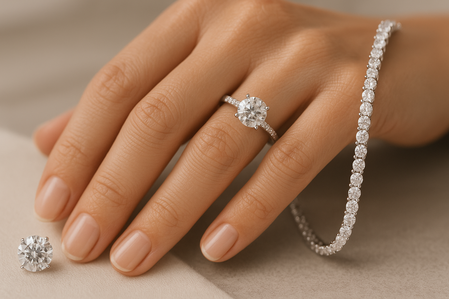 Diamond ring and bracelet on a hand with a beige background