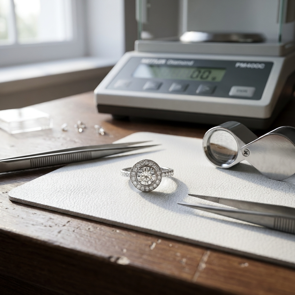 Diamond ring on a wooden surface with jewellery tools and a digital scale.