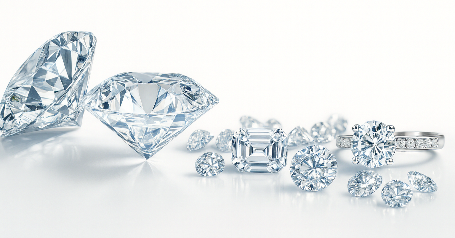 Collection of diamonds and a diamond ring on a light gray background