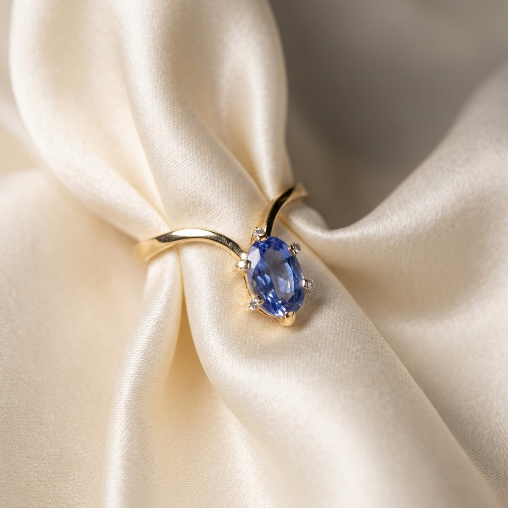 Oval Ceylon blue sapphire ring in yellow gold - detail view