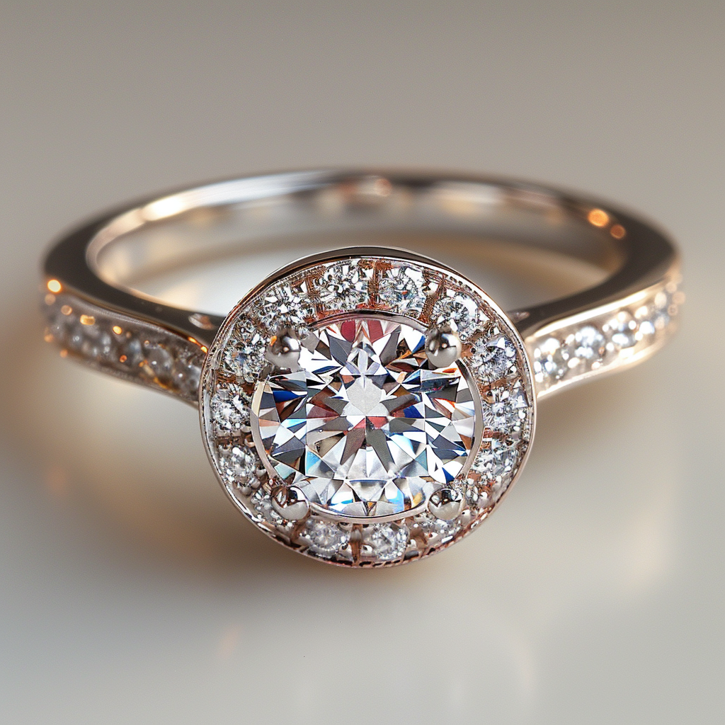 Diamond ring with a halo of smaller diamonds on a neutral background