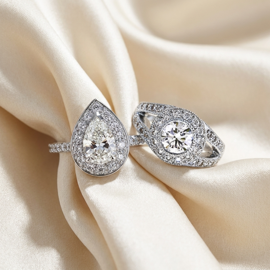 Two halo diamond rings on a beige fabric background