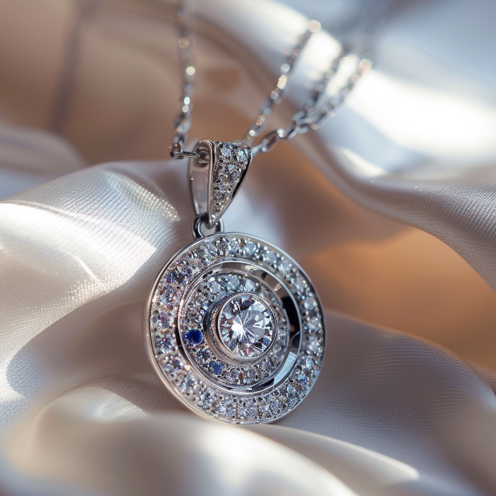 white gold diamond halo pendant set with a round natural diamond on a soft fabric background