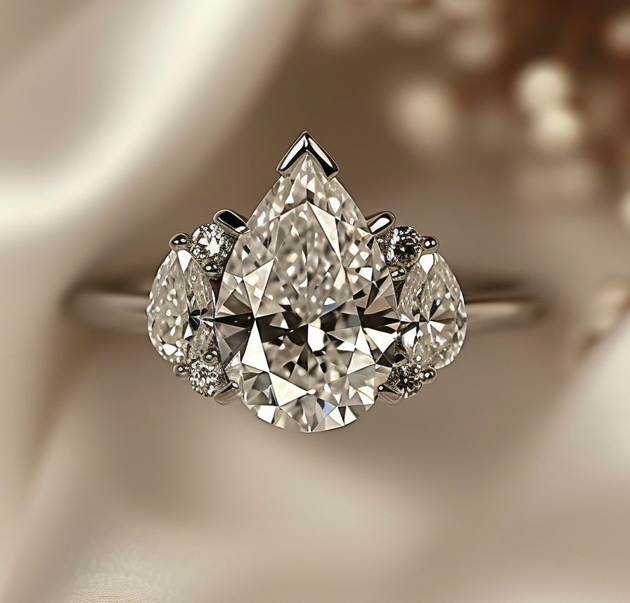 Diamond ring with a pear-shaped center stone on a soft beige background