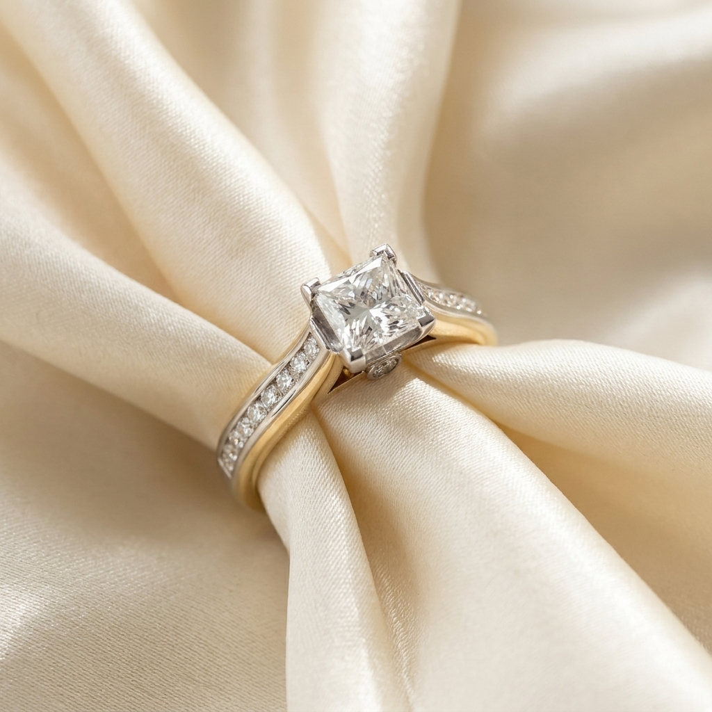 Princess cut diamond engagement ring with side stones — handcrafted in Sydney