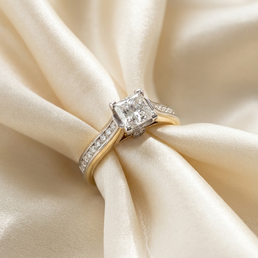 Princess cut diamond engagement ring with side stones — handcrafted in Sydney
