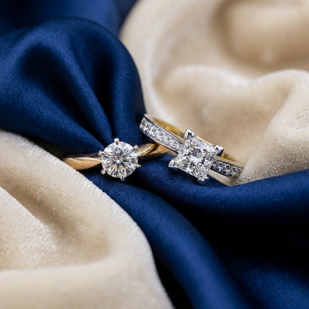 Two diamond rings on a blue and beige fabric background