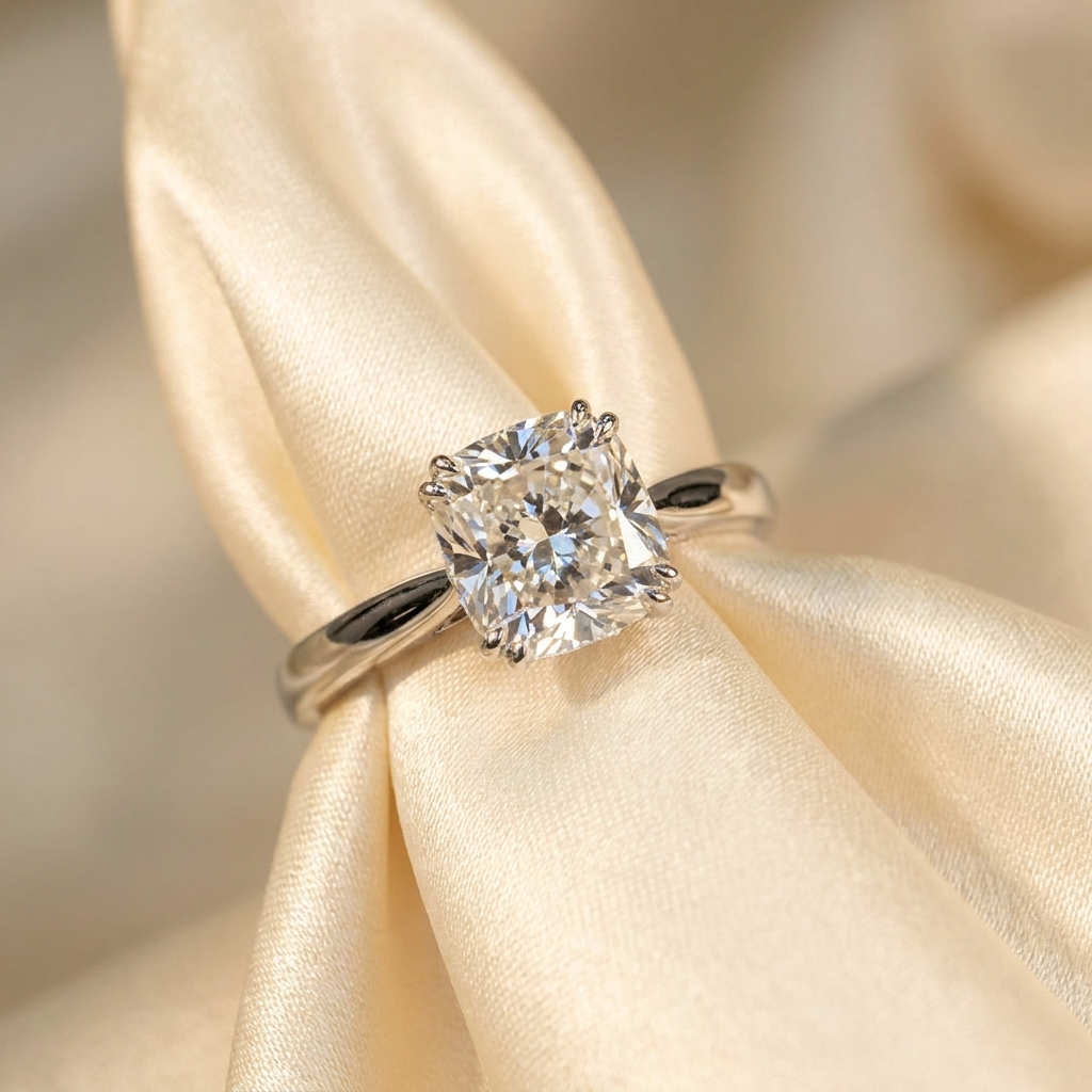 Diamond ring on a beige satin ribbon