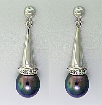 18ct white gold Tahitian pearl and diamond drop earrings