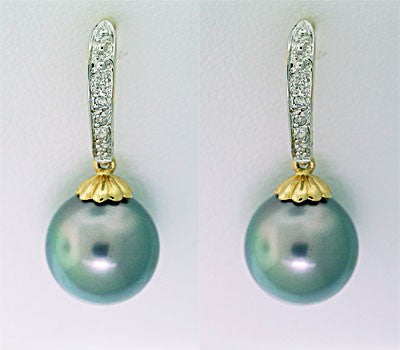 18ct white gold Tahitian pearl and diamond encrusted earrings