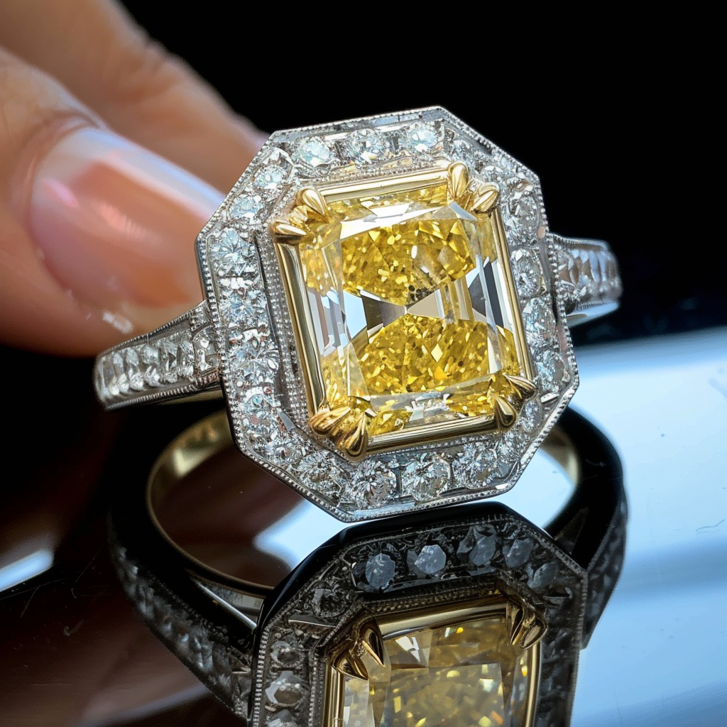 Luxury diamond ring with a prominent yellow gemstone held by a hand.